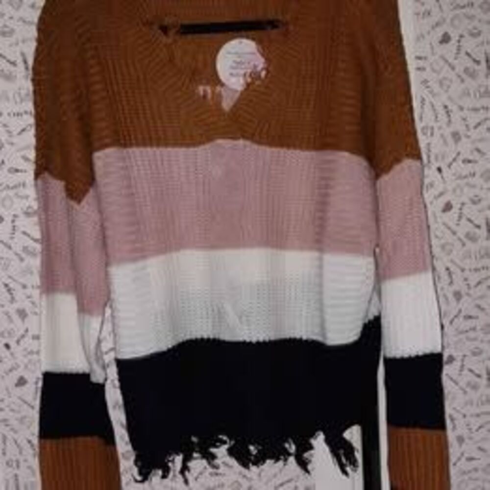 Cable Knit Fringed Trim Colorblocked Sweater 2X